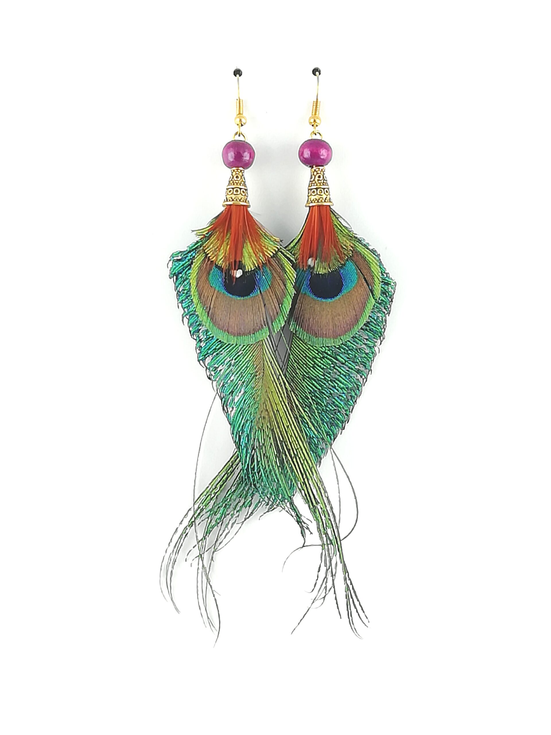 Boucles d'oreilles en plumes de paon et plumes de tragopan