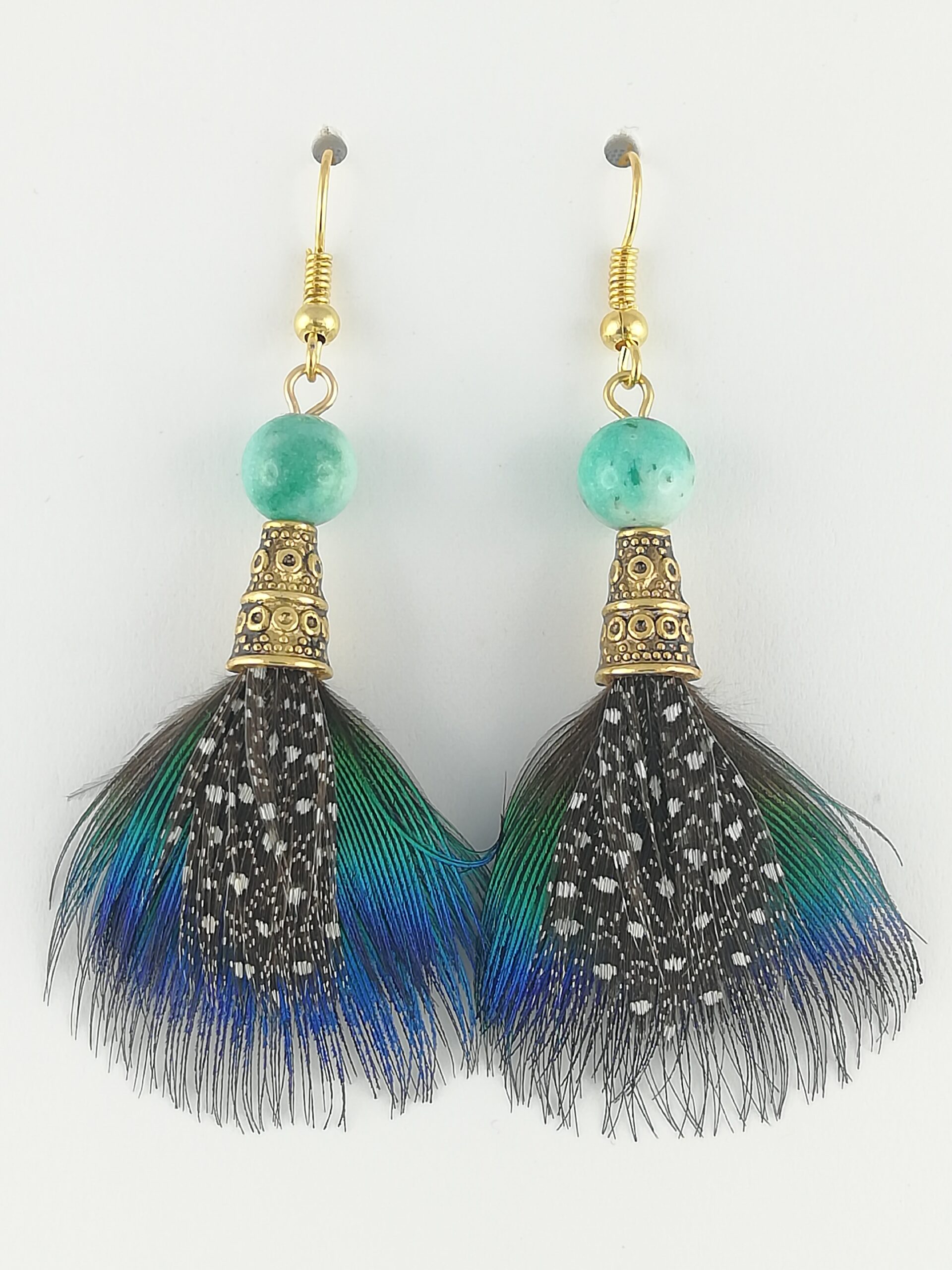Boucles d’oreilles en plumes de paon et plumes de pintade