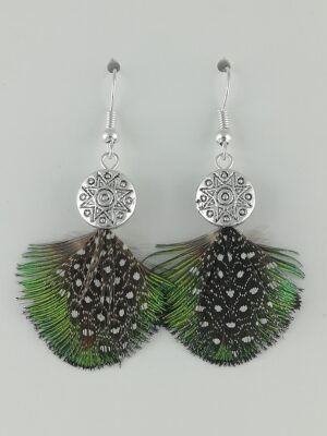 Boucles d’oreilles en plumes de paon et plumes de pintade
