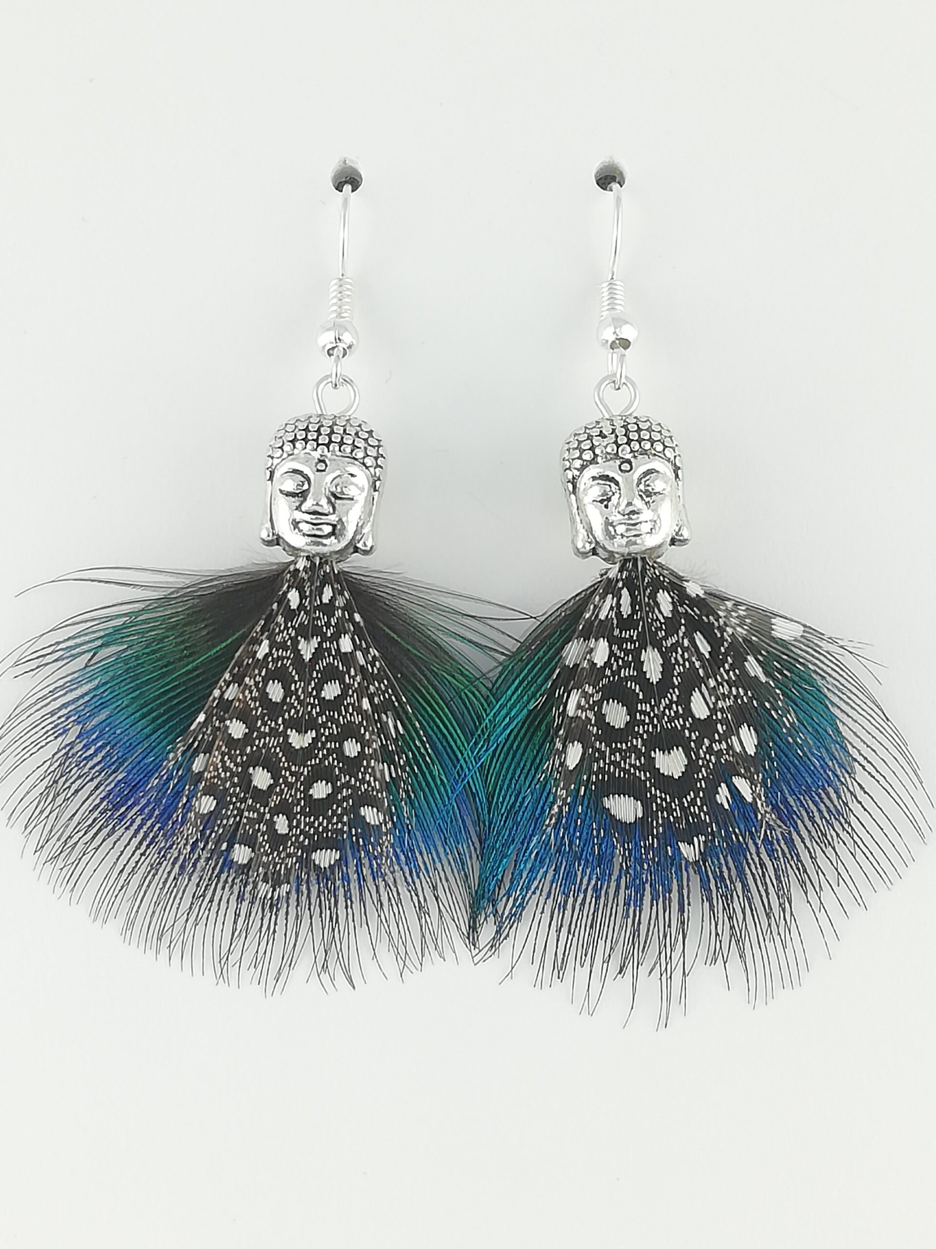 Boucles d'oreilles en plumes de paon et plumes de pintade