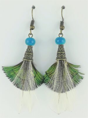 Boucles d’oreilles en plumes de paon et coq brahma