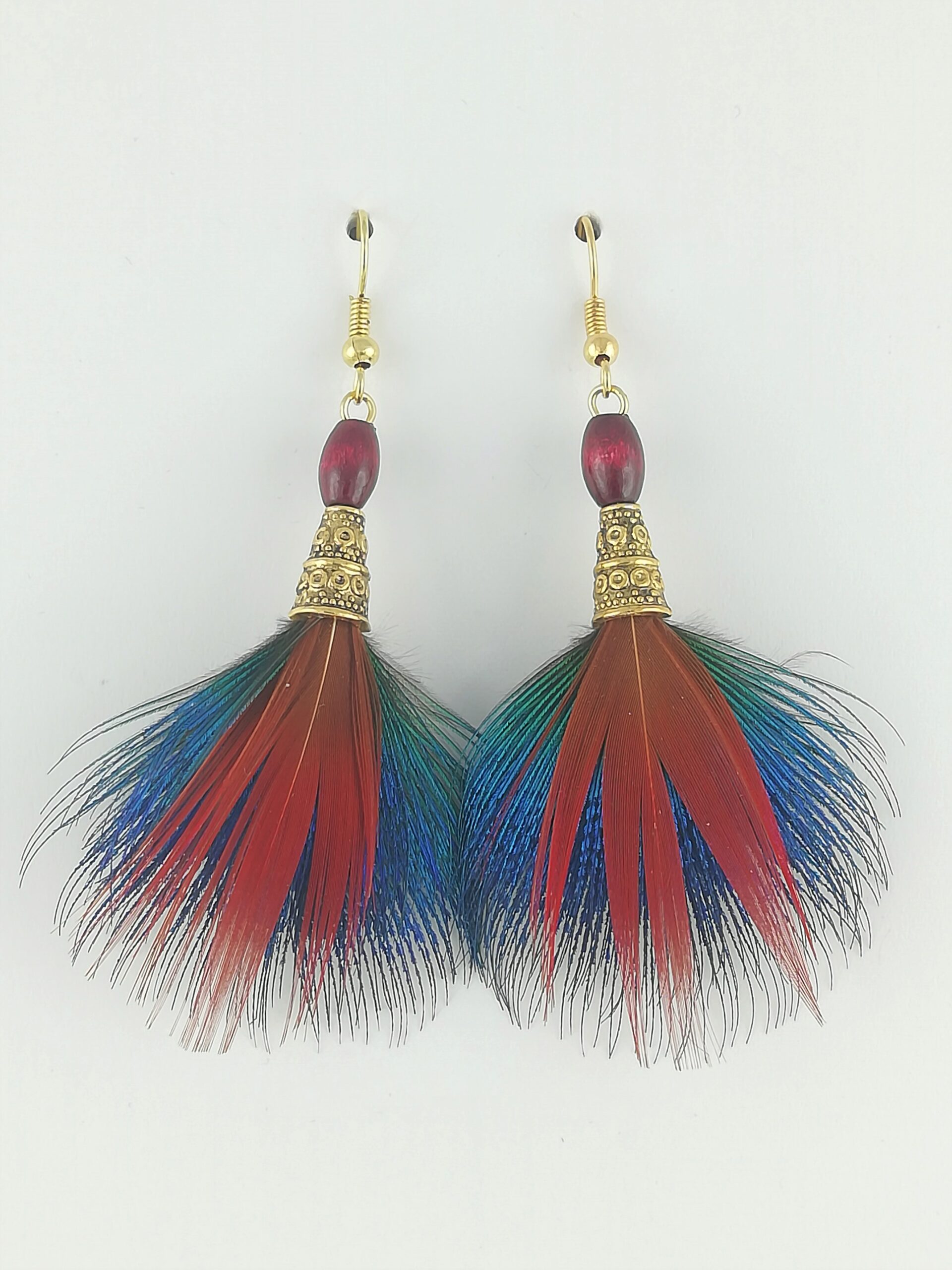 Boucles d’oreilles en plumes de Paon et de Faisan doré