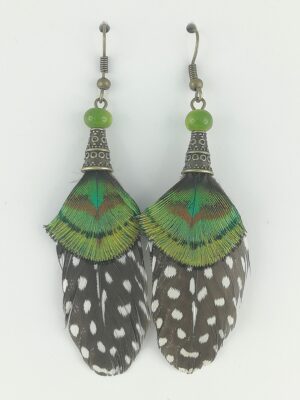 Boucles d’oreilles en plumes de paon et plumes de pintade