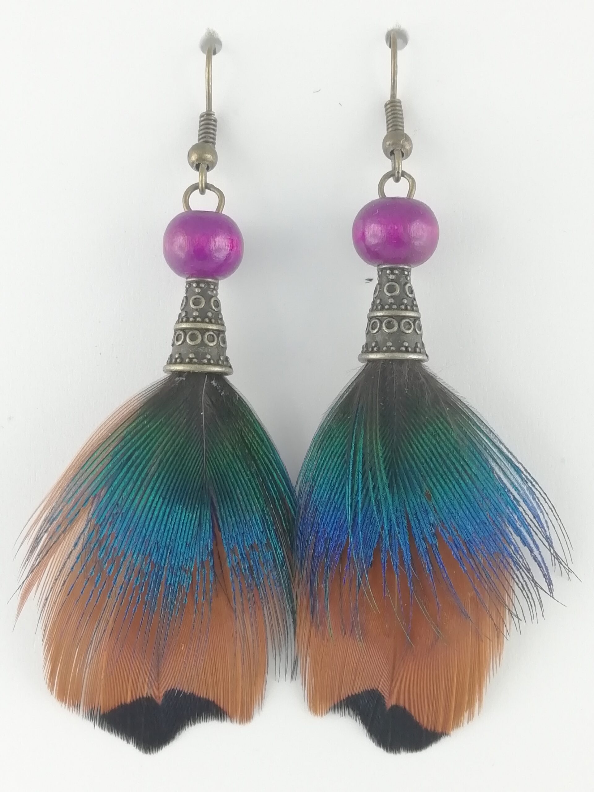 Boucles d’oreilles en plumes de paon et plumes de faisan de Colchide