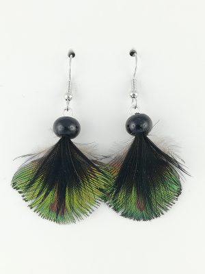 Boucles d’oreilles en plumes de paon et plumes de coq