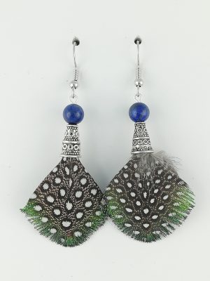 Boucles d’oreilles en plumes de paon et plumes de pintade