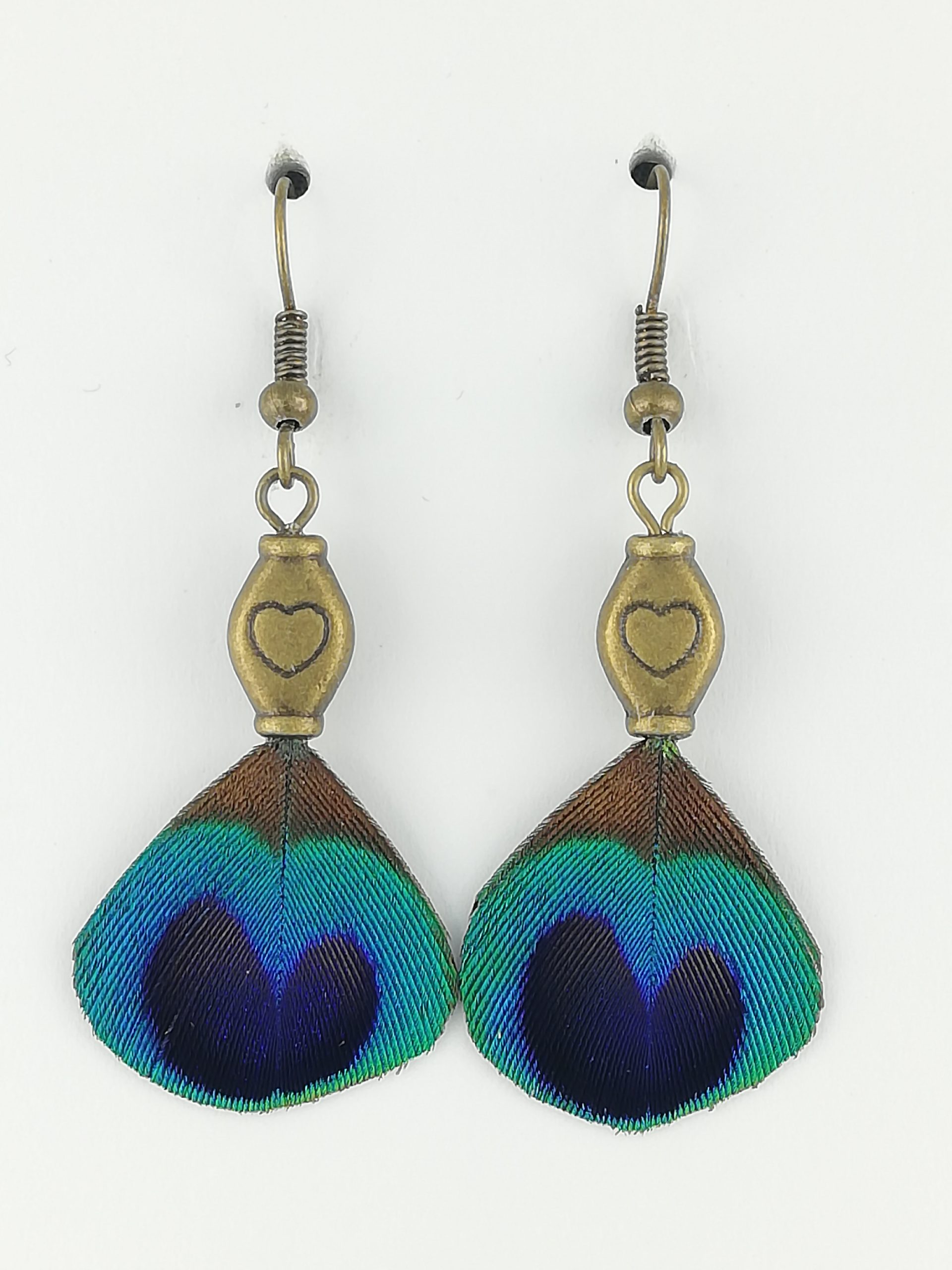 Boucles d'oreilles en plumes de paon, petits coeurs