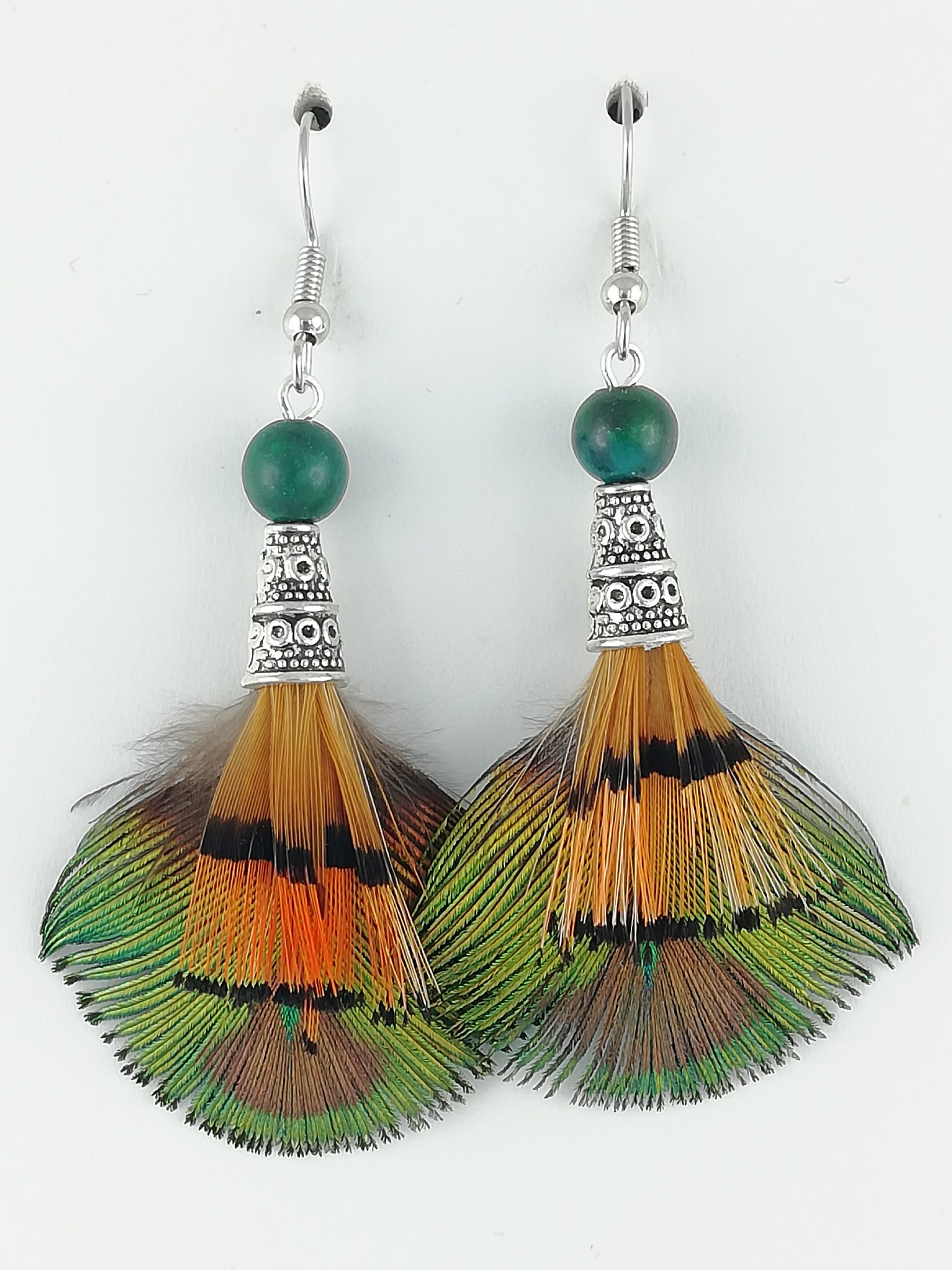 Boucles d’oreilles en plumes de paon et plumes de faisan doré