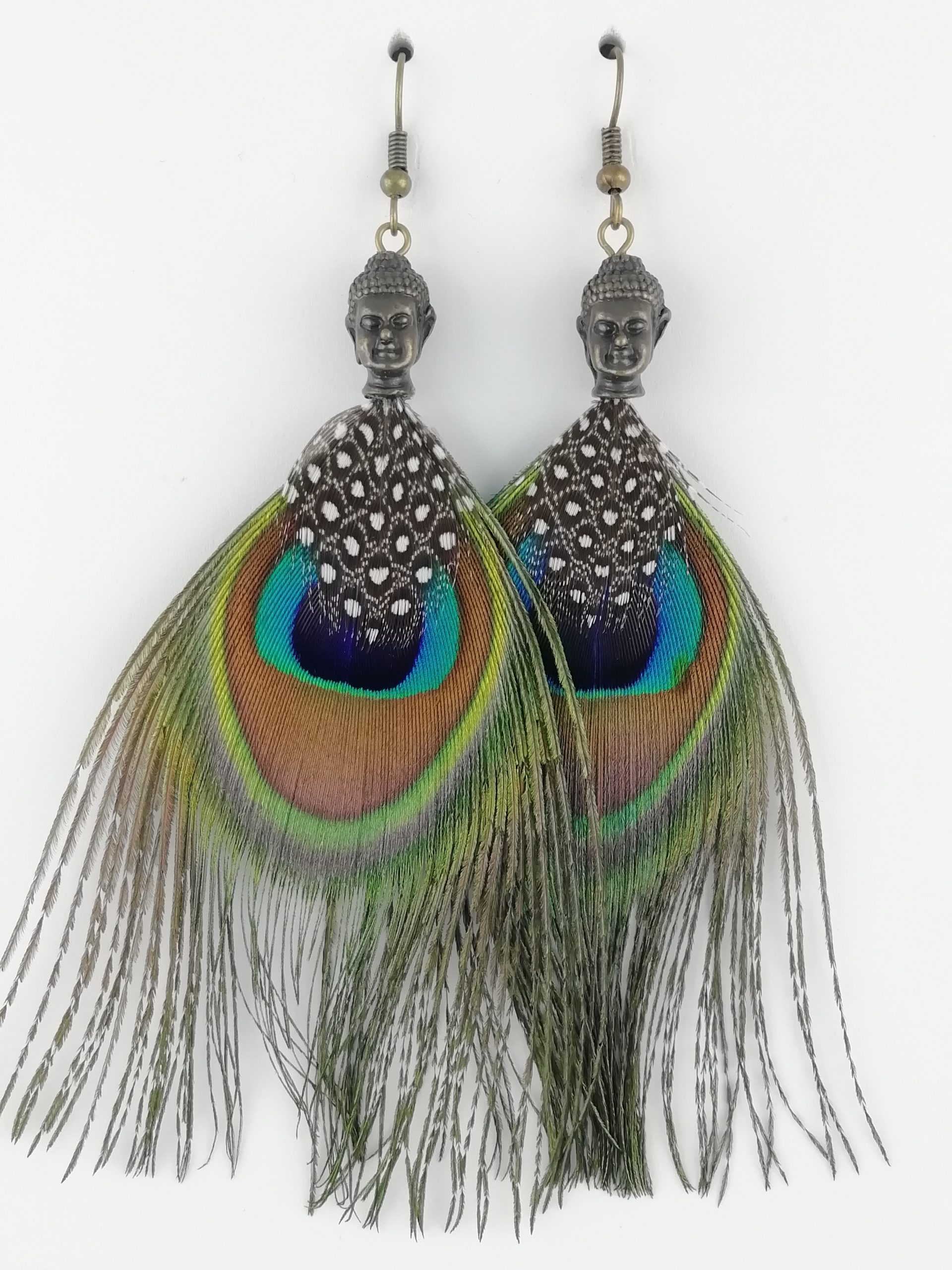 Boucles d'oreilles en plumes de paon et de pintade