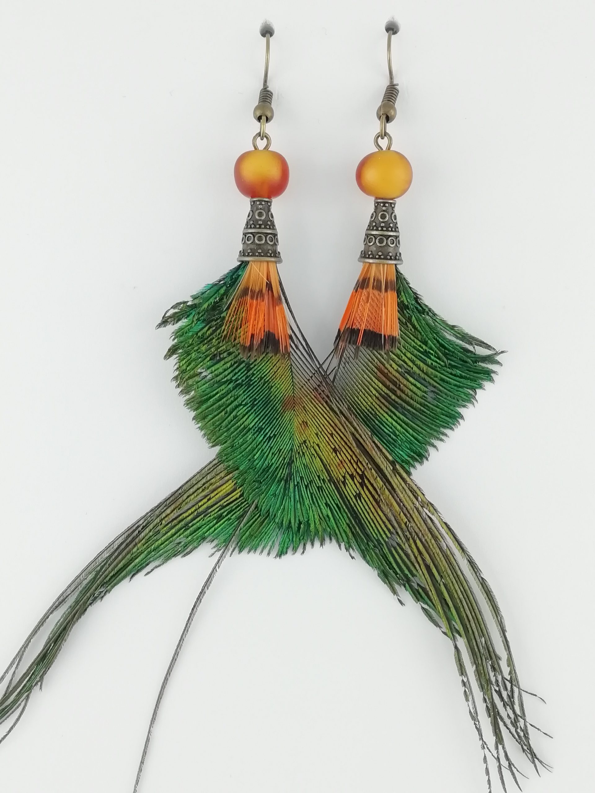 Boucles d'oreilles en plumes de paon et plumes de faisan doré