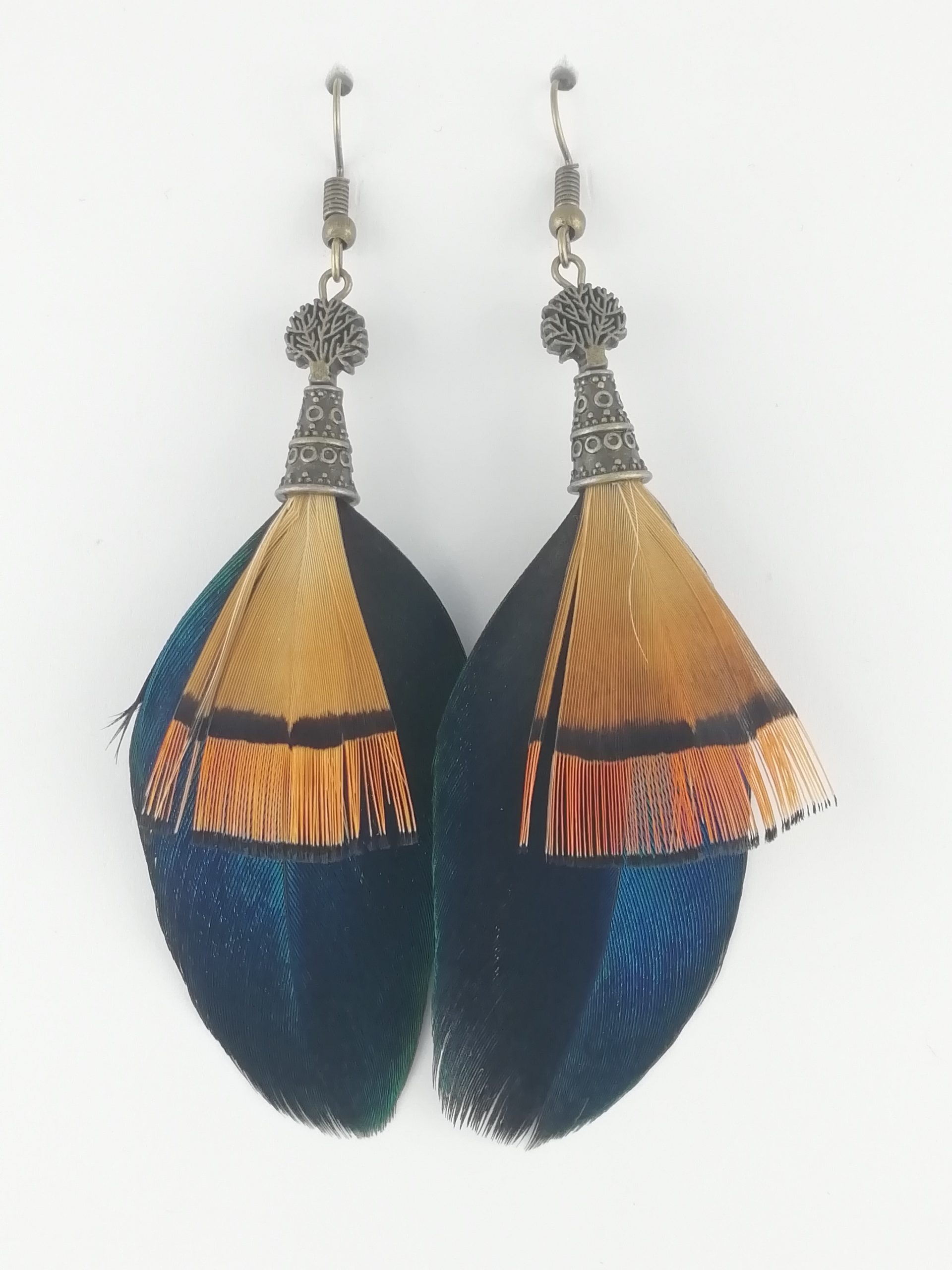 Boucles d’oreilles en plumes de paon et faisan doré