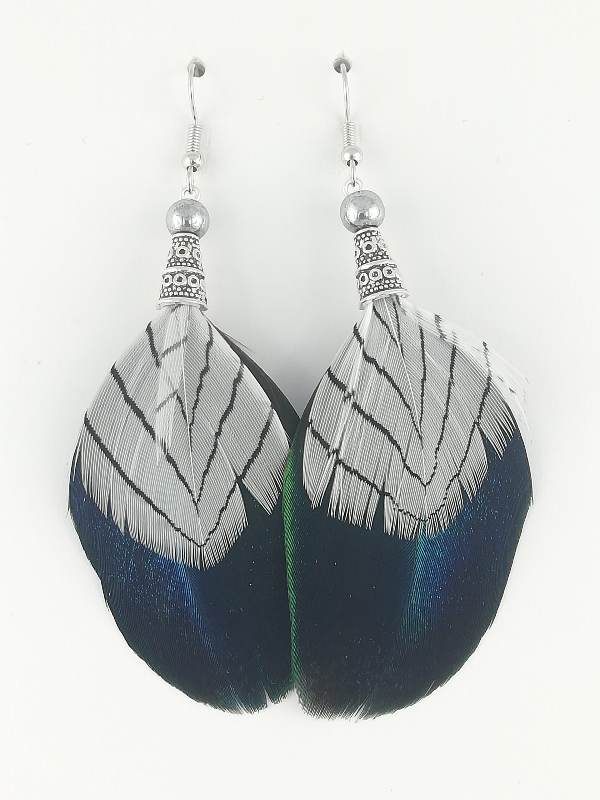 Boucles d’oreilles en plumes de paon et faisan argenté
