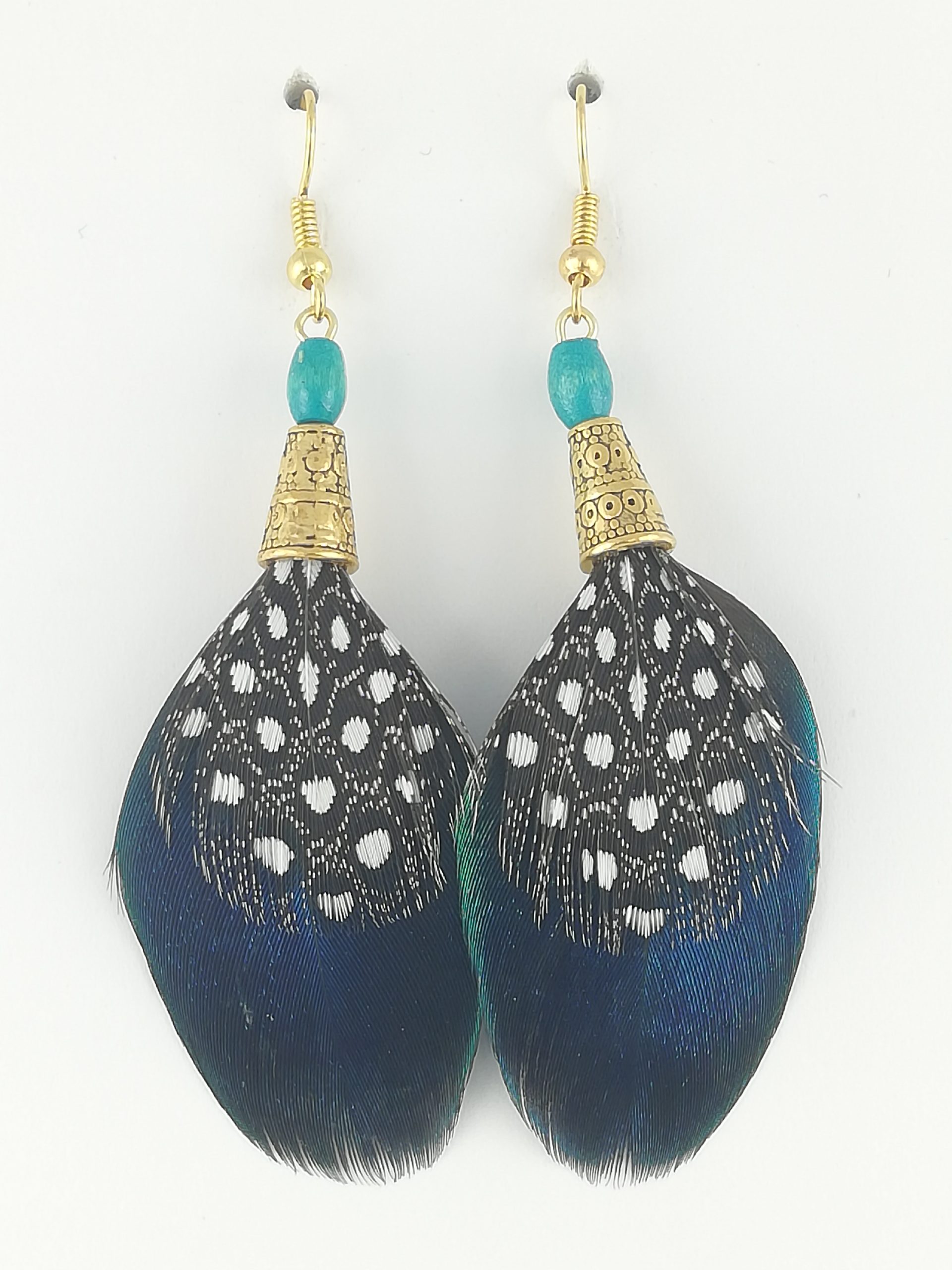 Boucles d’oreilles en plumes de paon et de pintade