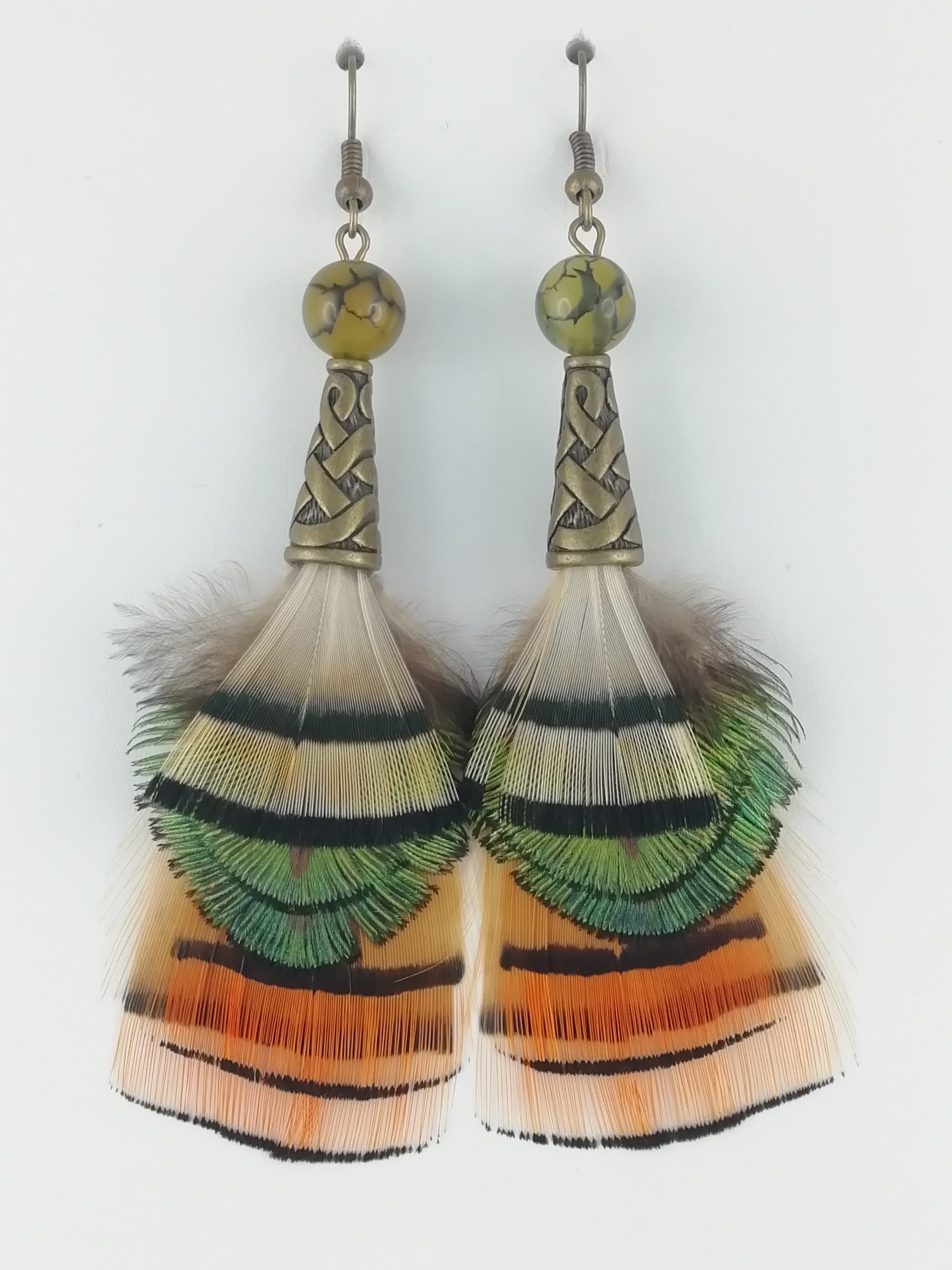 Boucles d'oreilles en plumes de paon, de faisan Lady amherst et faisan doré