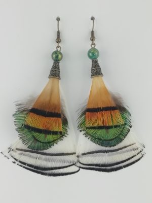Boucles d'oreilles en plumes de paon, de faisan argentéet faisan doré