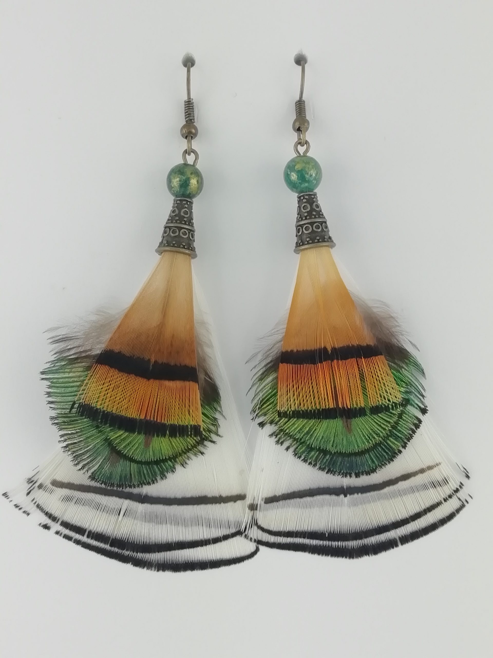 Boucles d'oreilles en plumes de paon, de faisan argentéet faisan doré