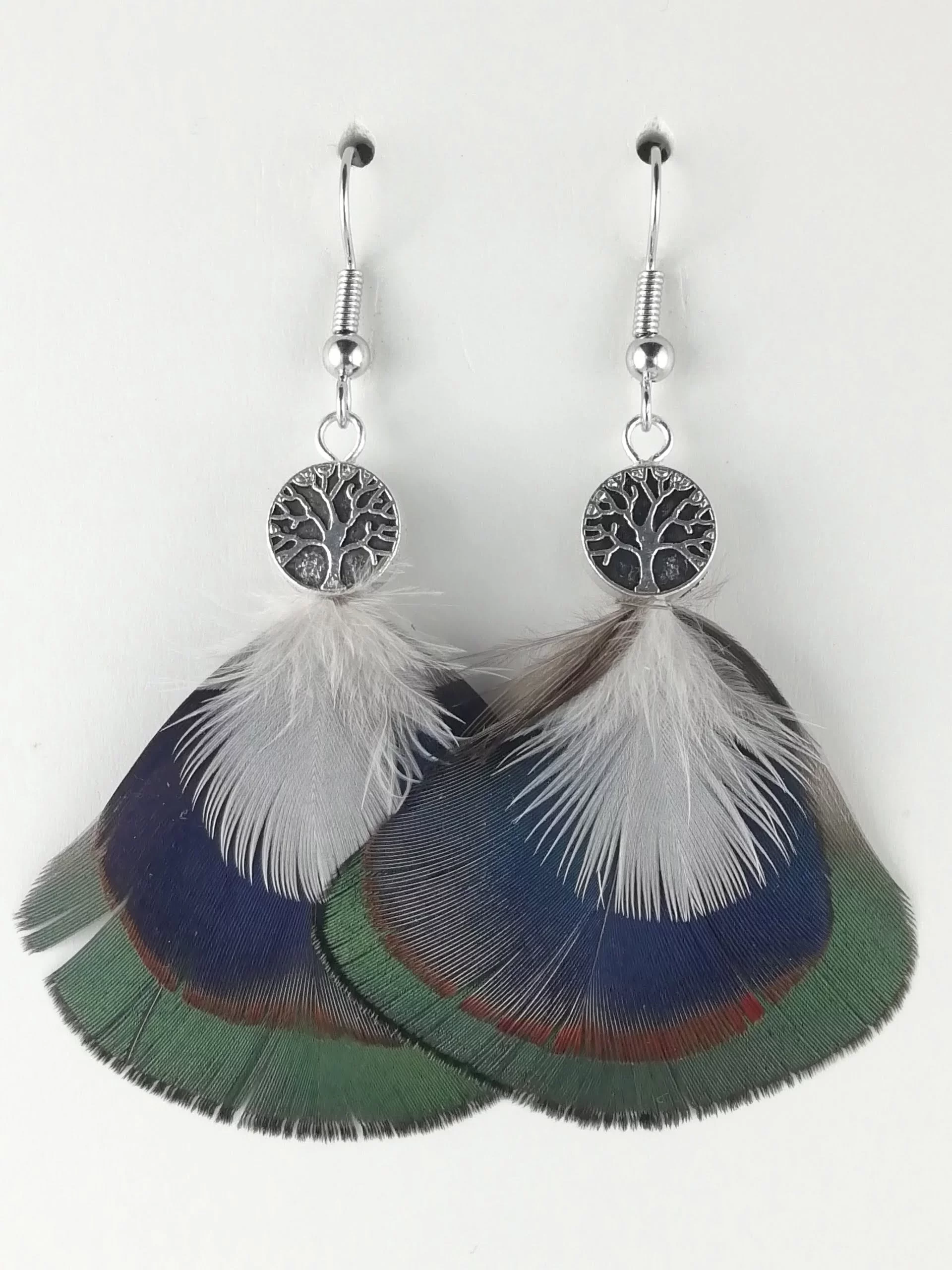 Boucles d'oreilles en plumes de faisan Lady Amherst, de canard et de pigeon