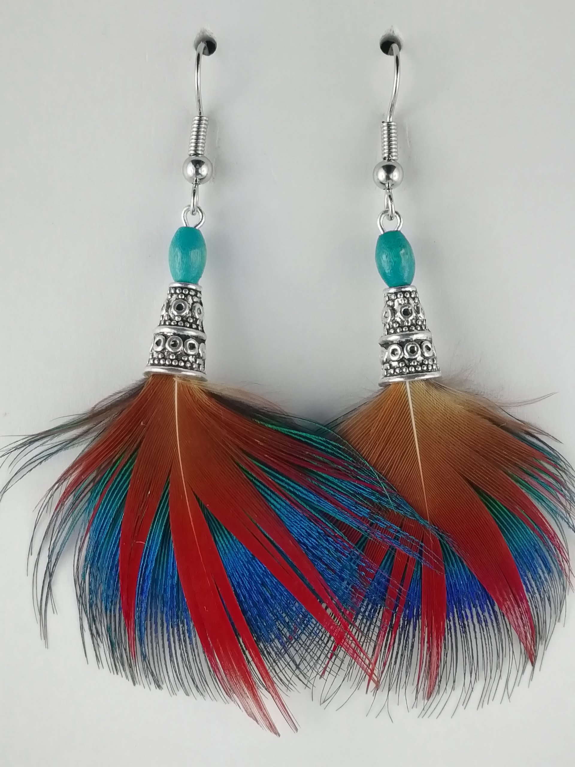 Boucles d'oreilles en plumes de Paon et de Faisan doré