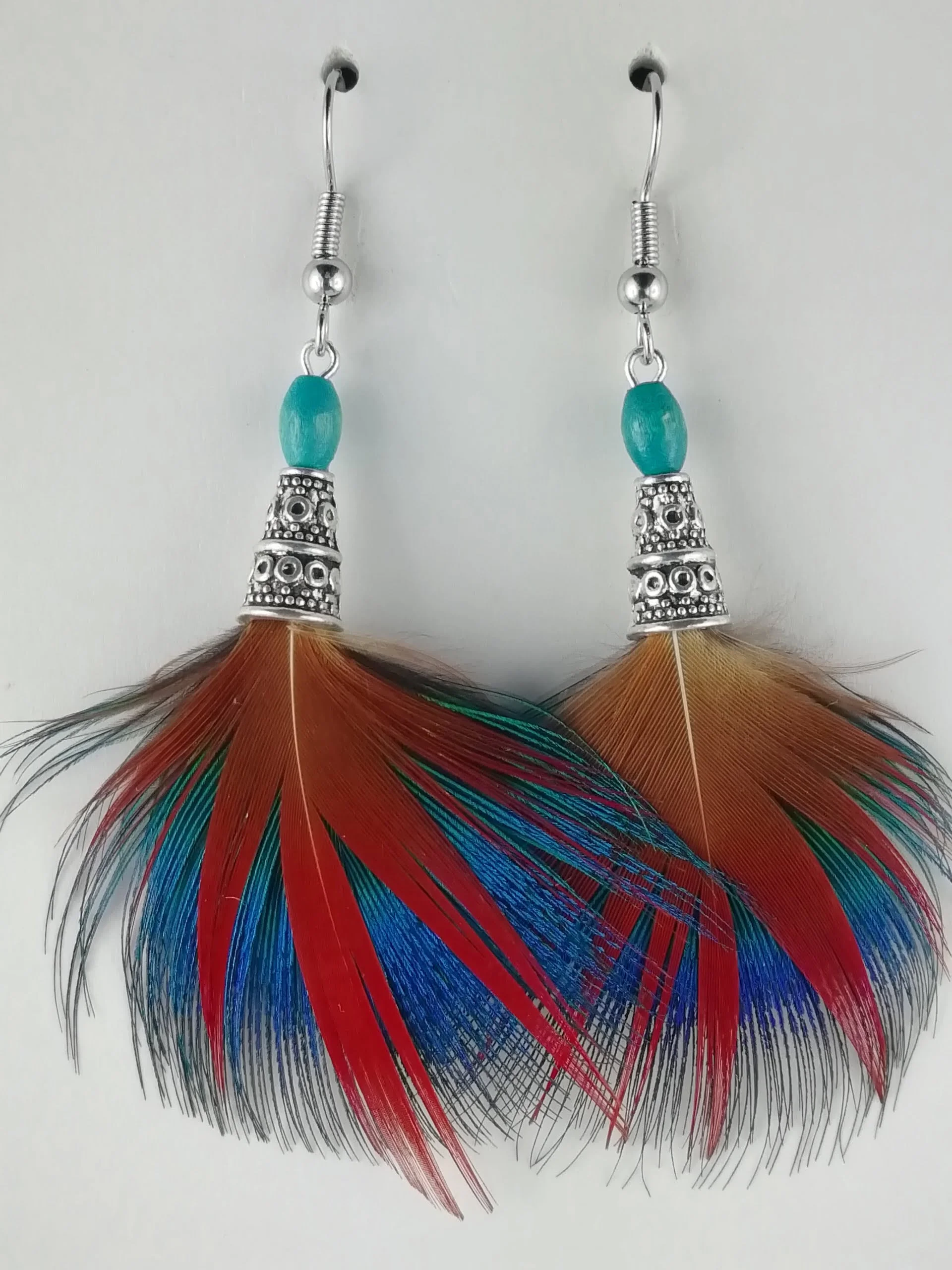 Boucles d'oreilles en plumes de Paon et de Faisan doré