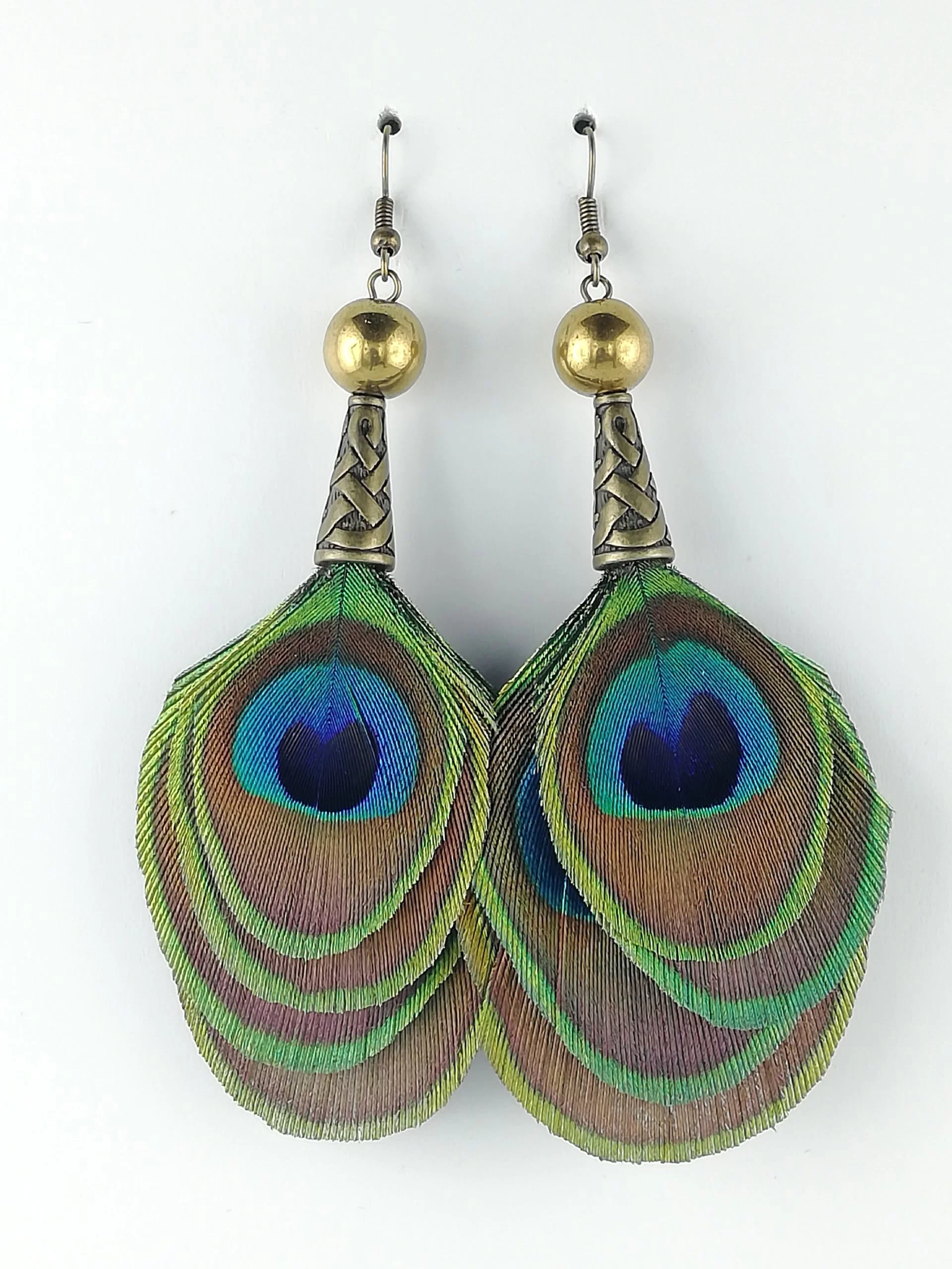Boucles d'oreilles en plumes de paon
