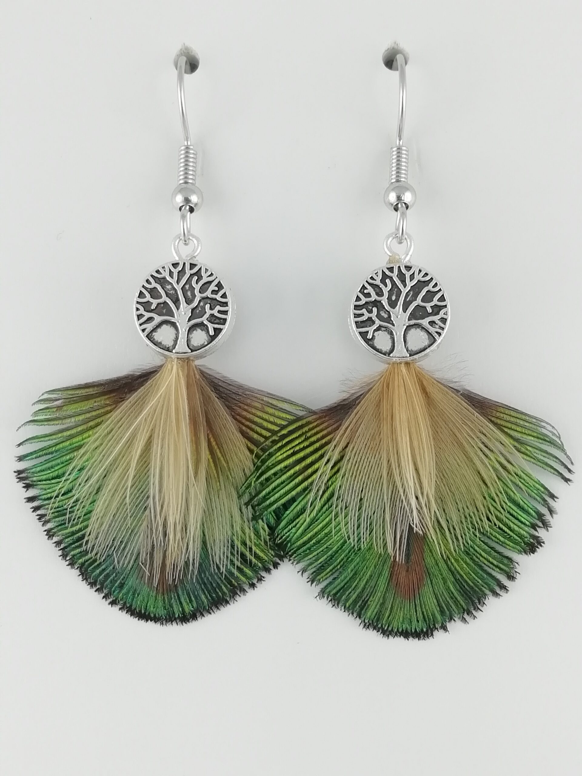 Boucles d’oreilles en plumes de paon et plumes de Paonne